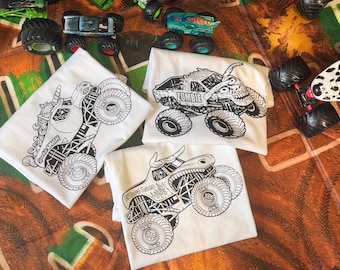 Monster Truck Muddoodle Coloring T-Shirt - Monster Jam, Hot Wheels, autographs, custom, color your own, black and white, personalize