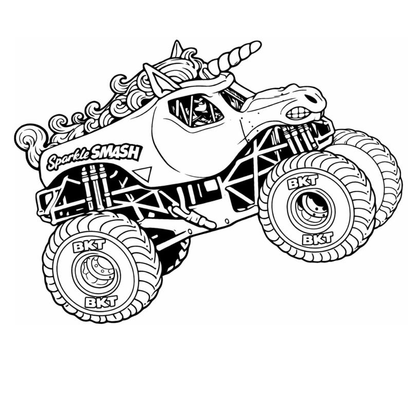 May include: Black and white illustration of a monster truck with a unicorn head. The truck is labeled "Sparkle Smash" and has large tires with "BKT" on the wheels. The unicorn has a horn and curly mane.