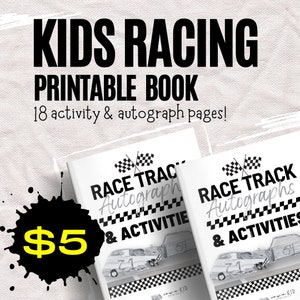 Racing activities autograph book - printable, games, letters, draw pictures - black and white on 8.5x11 sheet. Digital download