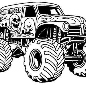 May include: Black and white illustration of a monster truck with the words "GRAVE DIGGER" on the roof. The truck features a skull and graveyard design on the side and large, rugged tires.