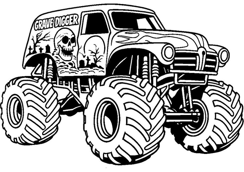 May include: Black and white illustration of a monster truck with the words "GRAVE DIGGER" on the roof. The truck features a skull and graveyard design on the side and large, rugged tires.