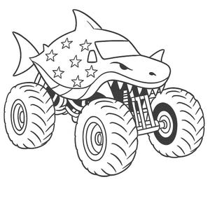 May include: Black and white illustration of a monster truck designed as a shark. The shark-themed truck has large tires, a fin, and a mouth with teeth. The body features stars.