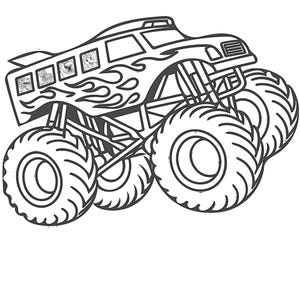 May include: Black and white line art illustration of a monster truck. The truck features large tires, a flame design on the side, and small images in the windows. The vehicle is designed to look like a bus.
