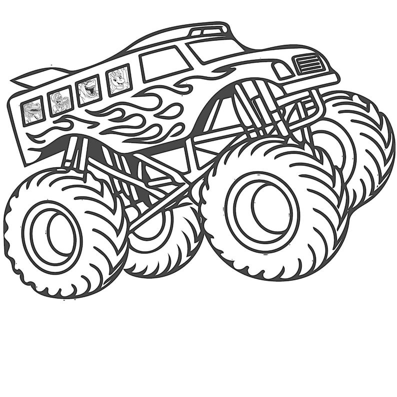 May include: Black and white line art illustration of a monster truck. The truck features large tires, a flame design on the side, and small images in the windows. The vehicle is designed to look like a bus.