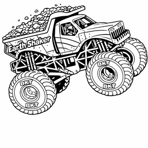May include: Black and white illustration of a monster truck labeled "Earth Shaker" with a bed full of rocks. The truck has large tires with "BKT" on the sidewalls. The truck is in mid-air, appearing to be jumping.