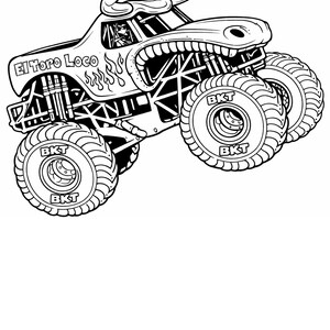 May include: Black and white illustration of a monster truck with a bull-like design. The truck has large tires with "BKT" on them and the text "El Toro Loco" on the side. Flames are also depicted on the side of the truck.