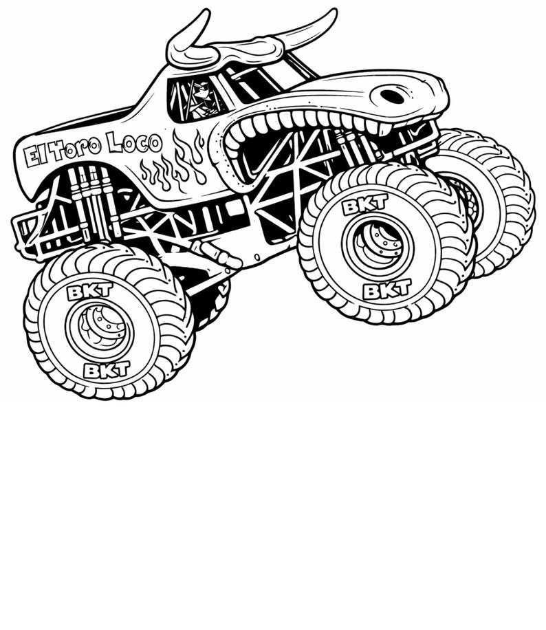 May include: Black and white illustration of a monster truck with a bull-like design. The truck has large tires with "BKT" on them and the text "El Toro Loco" on the side. Flames are also depicted on the side of the truck.
