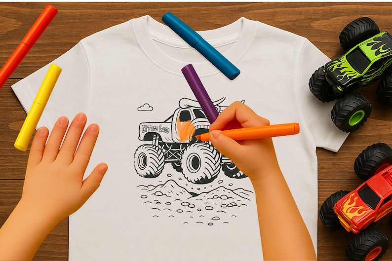 May include: A white t-shirt with a black monster truck graphic is being colored with orange and purple markers. The text "El Toro Loco" is visible on the truck. Toy monster trucks and markers are scattered around the shirt.
