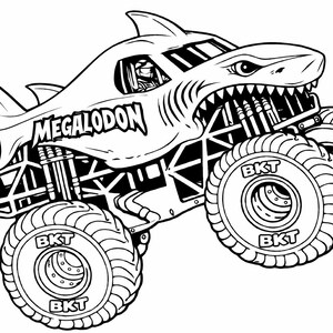 May include: Black and white illustration of a monster truck with a shark design. The truck has large tires with "BKT" on the wheels and the word "MEGALODON" on the side.