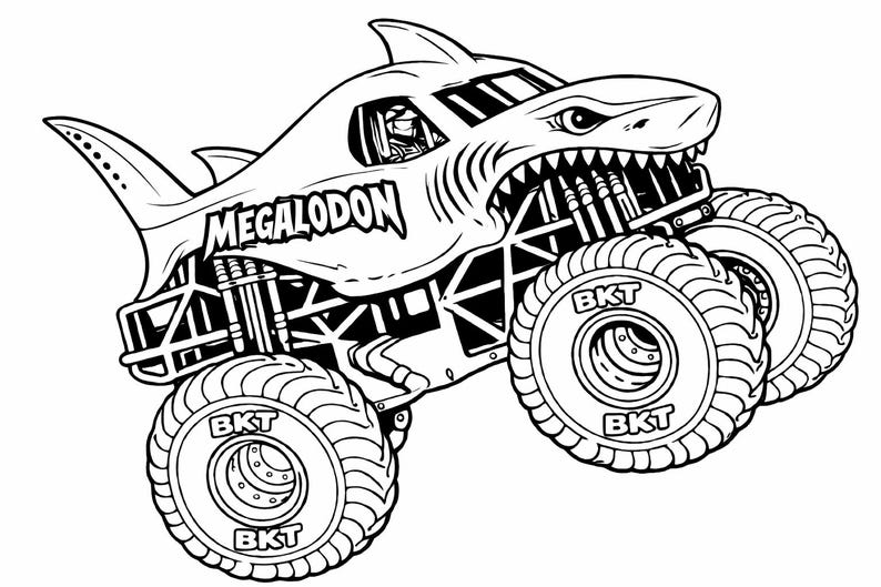 May include: Black and white illustration of a monster truck with a shark design. The truck has large tires with "BKT" on the wheels and the word "MEGALODON" on the side.