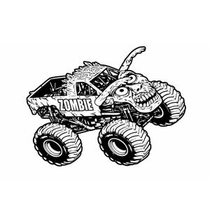May include: Black and white illustration of a monster truck with the word "ZOMBIE" on the side. The truck has large tires and a zombie-themed design, including a zombie head and exposed brain.