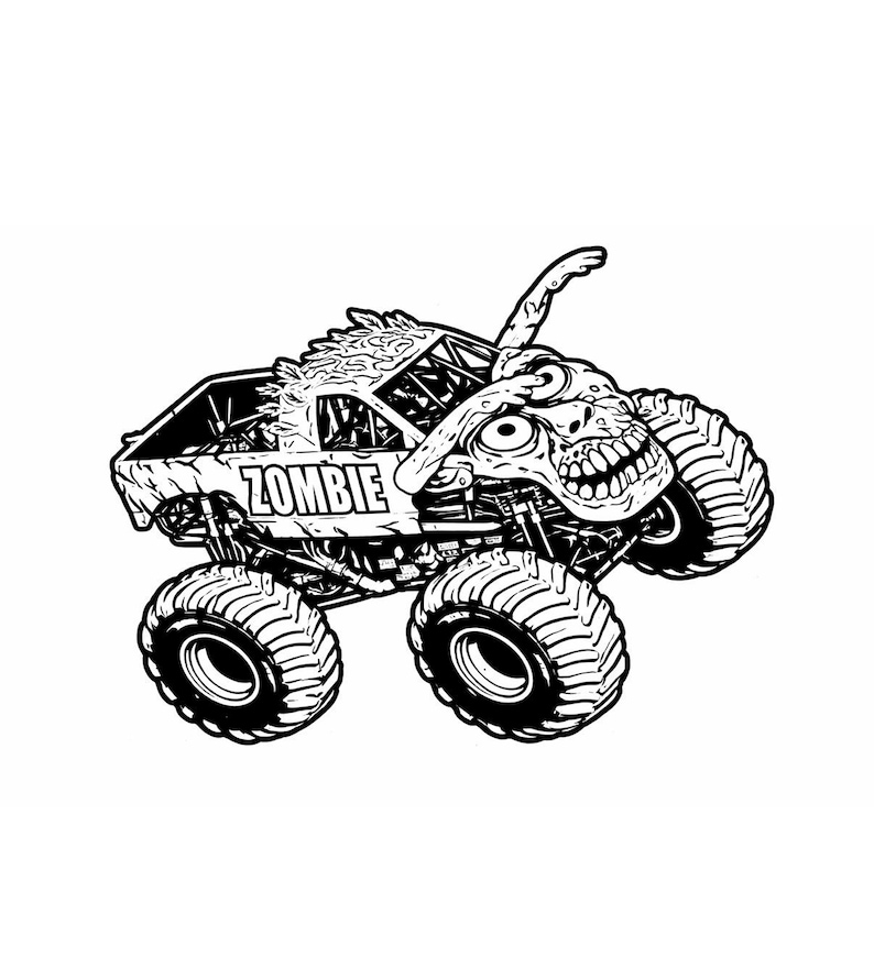 May include: Black and white illustration of a monster truck with the word "ZOMBIE" on the side. The truck has large tires and a zombie-themed design, including a zombie head and exposed brain.