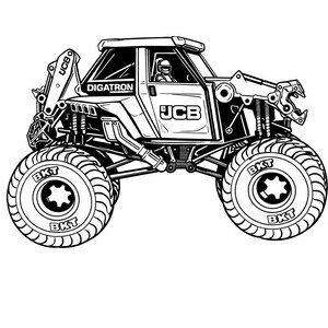 May include: Black and white illustration of a monster truck with the text "DIGATRON" and "JCB". The truck has large tires with "BKT" printed on them. A driver is visible inside the cab.
