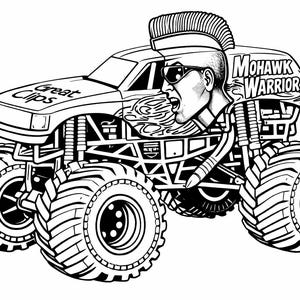 May include: Black and white illustration of a monster truck with large tires. The truck features a stylized image of a person with a mohawk and sunglasses, with the text "Mohawk Warrior". The text "Great Clips" is also visible.