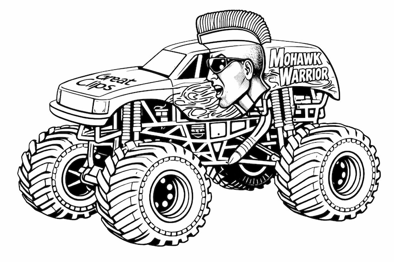 May include: Black and white illustration of a monster truck with large tires. The truck features a stylized image of a person with a mohawk and sunglasses, with the text "Mohawk Warrior". The text "Great Clips" is also visible.