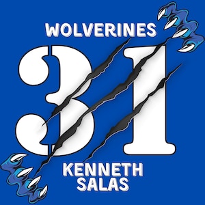 May include: A blue graphic design featuring the white text WOLVERINES above the large white number 31. Three black claw marks slash diagonally across the number. The name KENNETH SALAS appears in white below, with blue clawed paws at the corners.