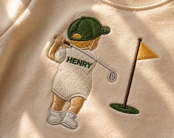 ベビーゴルファー向けカスタムネーム刺繍入りベビーロンパース｜名入れゴルフボディスーツ、新生児男の子退院着｜カスタムゴルフベビーシャワーギフト