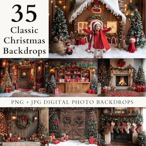 Könnte beinhalten: 35 klassische Weihnachts-Hintergründe. Digitale Foto-Hintergründe mit einer Vielzahl von Weihnachtsszenen, darunter ein Kamin, eine Hütte und eine Tür mit Kränzen. Die Hintergründe sind perfekt, um festliche Fotos zu erstellen.