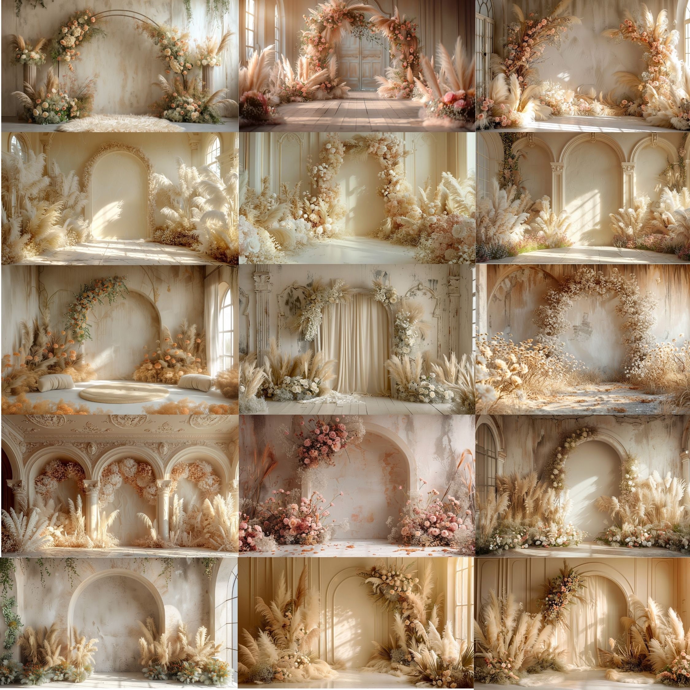 15 Boho Wedding Indoor Floral Pampas Arch Digital Backdrops, Beige ...