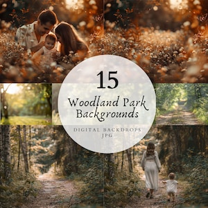 May include: A collage of 15 digital woodland park backgrounds in JPG format. The images feature a variety of scenes, including a family in a forest, a path through the woods, and a sunlit clearing.