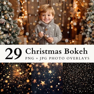 May include: 29 Christmas Bokeh PNG + JPG Photo Overlays.  A set of digital overlays featuring sparkling gold and white bokeh lights, stars, and snow.  Perfect for adding a festive touch to your photos.