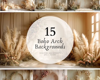 15 Boho Wedding Indoor Floral Pampas Arch Digital Backdrops, Beige Cream Boho Background Photo Backdrop Overlay, Romantic Photo JPG Bundle