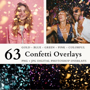 May include: 63 digital confetti overlays in gold, blue, green, pink, and colourful. PNG and JPG files for use in Photoshop.