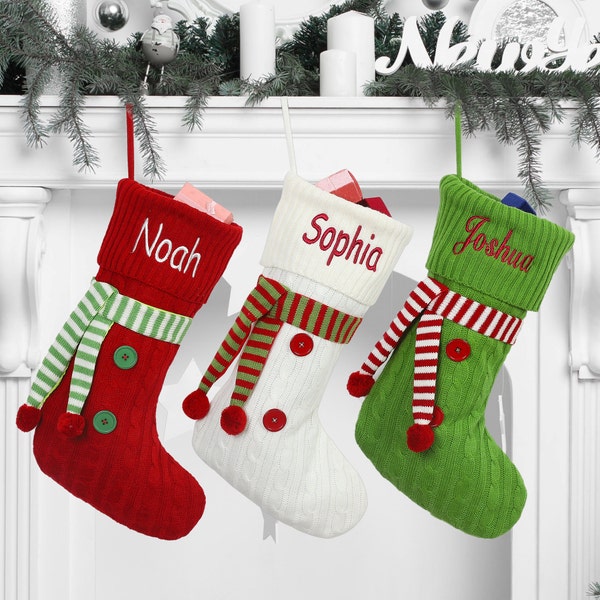Christmas stockings personalized，Personalized stockings with names for Christmas，Custom name stockings，Embroidered 3 color scarf stocking