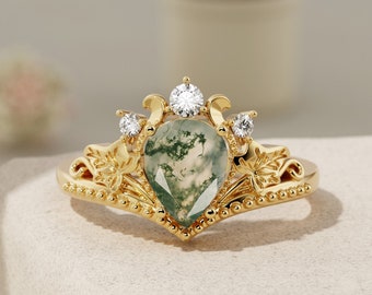 Pear Green Moss Agate Ring - 18K Gold Vermeil Natural Agate Engagement Ring- Promise Ring- Green Gemstone- Anniversary Gift for Her
