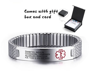 Customized Medical Alert Bracelet - Engraved ID/ICE Medical Information Bracelet - Ideal Gift for Patients With Epilepsy, Hypertension, Etc