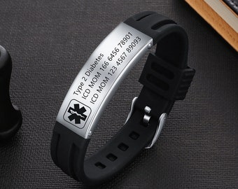 Bracelet d'alerte médicale personnalisé en silicone - Bracelet d'informations médicales ID/ICE gravé - Bracelet d'informations sur la santé pour homme et femme