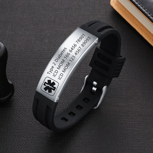 Bracelet d'alerte médicale personnalisé en silicone - Bracelet d'informations médicales ID/ICE gravé - Bracelet d'informations sur la santé pour homme et femme