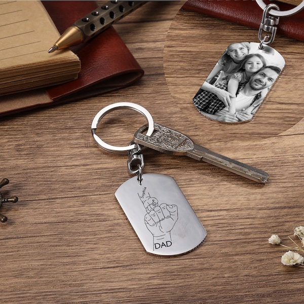 Personalized Dad Keychain - Name Keychain With Photo - Fist Keychain With Child's Name Engraved - Gifts for Dad - Father's Day Gifts