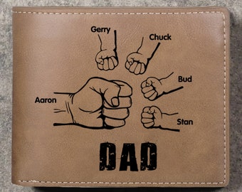 DAD Wallet Fist to Fist - PU Leather Wallet - Personalized Gift for Men - Dad and Kids Name Wallet - Gift for Husband, Dad, New Dad