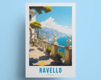 May include: A postcard featuring a scenic view of Ravello, Italy. The postcard shows a white building with a balcony overlooking the ocean and a lush green hillside. The text "Ravello, Italy" is printed on the postcard.