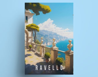 May include: A postcard featuring a scenic view of Ravello, Italy. The postcard shows a white building with a balcony overlooking the ocean. The text "Ravello, Italy" is printed on the bottom of the postcard.