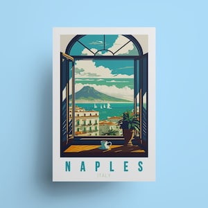 Poster di viaggio di Napoli, decorazione da parete artistica italiana, stampa del vulcano Vesuvio, regalo ideale per viaggiatori, decorazione di Napoli per gli amanti dei viaggi, arte murale italiana