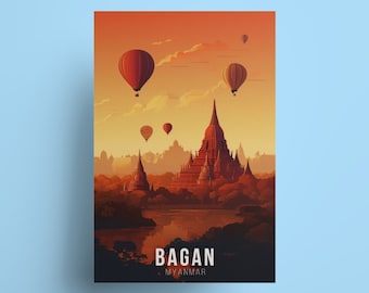 Bagan Travel Poster Asian aesthetic art Wall Decor Travel Lovers art ideal Traveler Gift poster Myanmar Wall Hanging decor temple pagoda