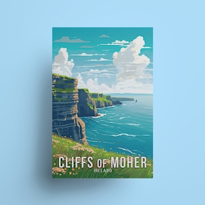 Póster de viaje artístico de los acantilados de Moher, impresión irlandesa, arte de pared celta, decoración del océano Atlántico, diseño natural, regalo para sala de estar, recuerdo de Irlanda