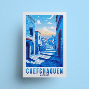 Chefchaouen Travel Poster Morocco Art Wall Decor Blue Pearl Art for Travel Lovers Urban Print, Ideal Moroccan Gift Idea Original Christmas