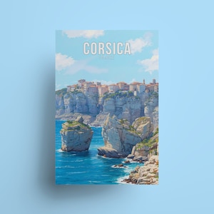 Poster de voyage en Corse, art côtier de la France, décoration de Bonifacio, impression de voyage, souvenir de voyageur idéal, impression de France méditerranéenne, cadeau de la Corse