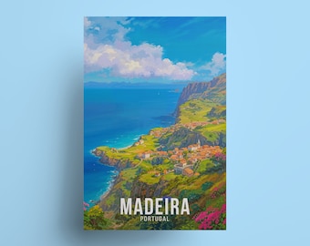 Stampa dell'isola di Madeira, Portogallo: arte del villaggio costiero