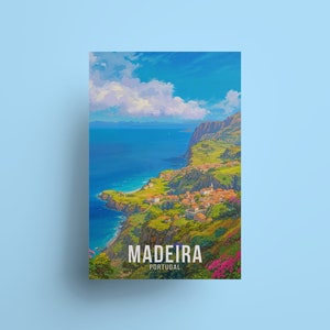 Póster de viaje de Madeira, arte de la isla de Portugal, decoración de pared portuguesa, impresión de viaje, recuerdo de la isla del océano, póster del Atlántico, recuerdo de Madeira junto al mar