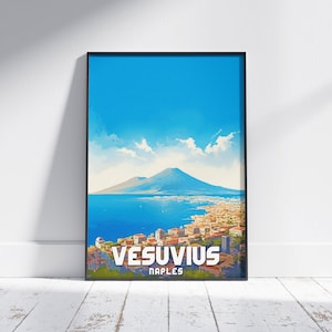 Vesuvius Volcano Print: Naples Italy Travel Poster, Framed Mountain Art
