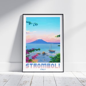 Volcan Stromboli Italie affiche de voyage Art italien volcan décoration murale Stromboli impression italienne cadeau affiche souvenir côtier éolien