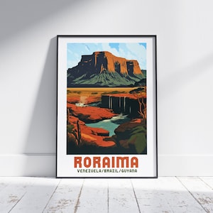 Può includere: Un poster vintage di viaggio con un'illustrazione colorata del Monte Roraima, una montagna a forma di tavolo in Sud America. Il poster ha il testo "RORAIMA VENEZUELA/BRAZIL/GUYANA" in basso.