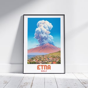 Etna Volcano Sicily Travel Poster  Italy Italian Print Frame Mountains Wall Art Sicily Volcano Gift Travels Taormina landscape souvenir view