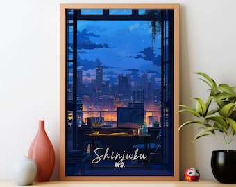 Poster med Shinjuku Tokyos nattsilhuett: Japanskt konsttryck Lofi