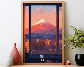Berg Fuji Sonnenuntergang Druck: Tokyo Skyline Anime Kunst