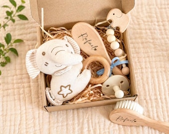 Personalized Baby Gift Box with Name | Baby Shower Gift | Pacifier Clip, Rattle & Hairbrush | Baby Gift Set
